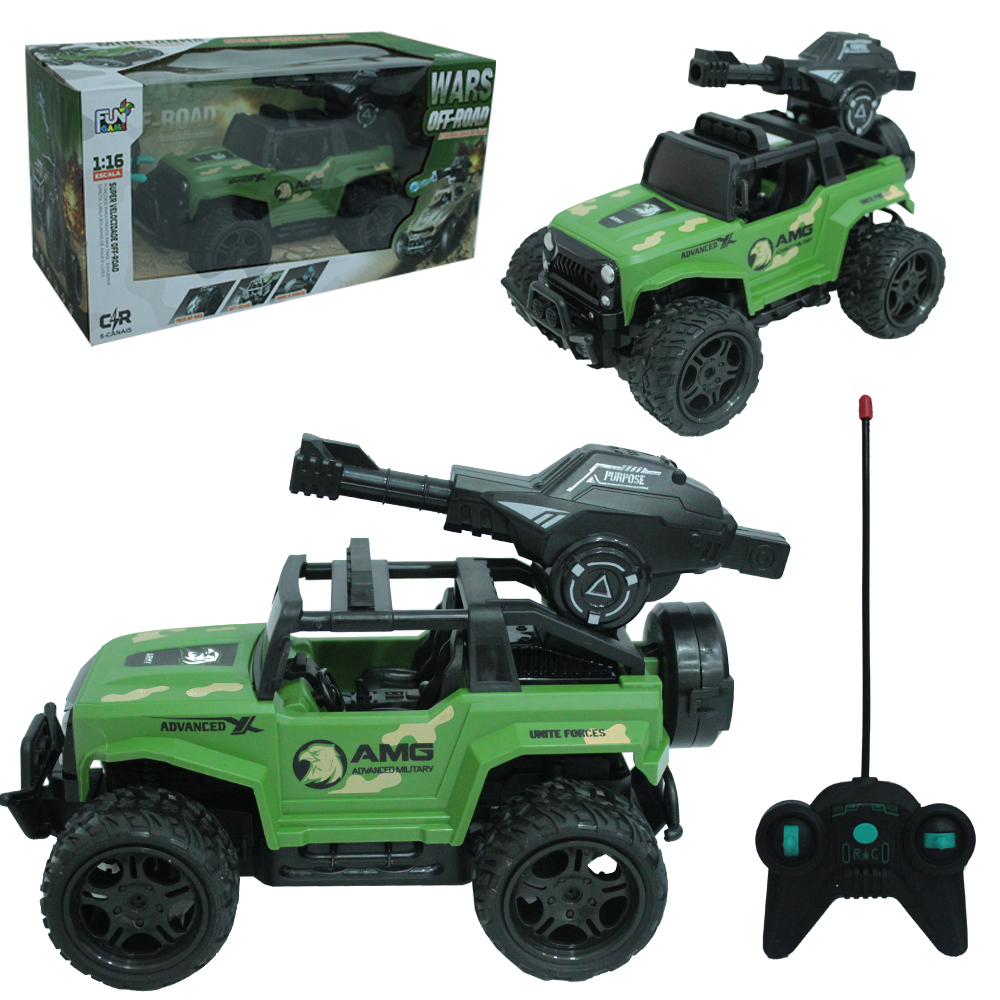 CARRO COM CONTROLE REMOTO SEM FIO WARS OFF-ROAD FUN GAME ATIRA BOLINHA GEL 7 FUNCOES LUZ BATERIA RECARREGAVEL