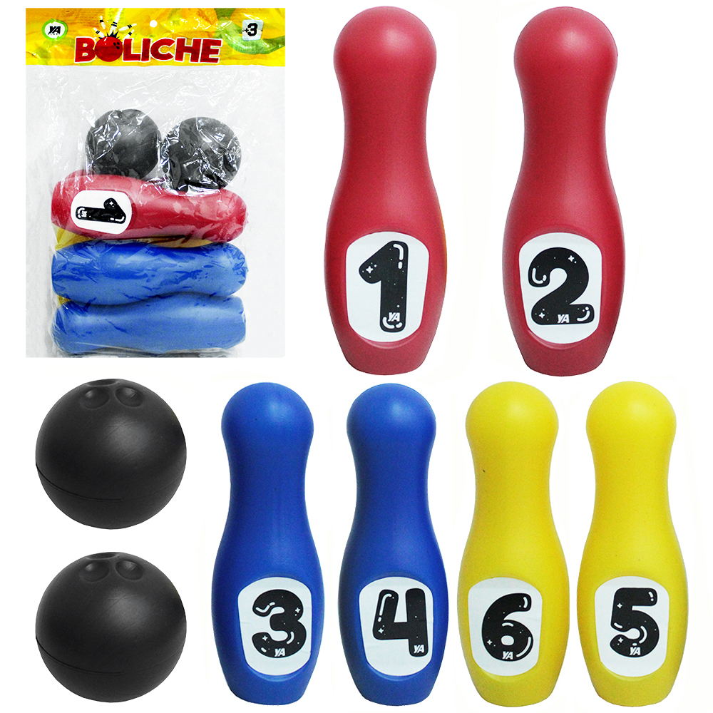 BOLICHE COM 6 PINOS 21CM + 2 BOLAS 9CM DE Ø