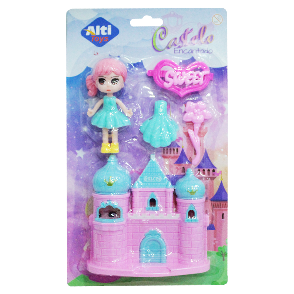 CASA/CASINHA CASTELO COM BONECA TROCA ROUPA DE PLASTICO + ACESSORIOS CASTELO ENCANTADO 5 PECAS