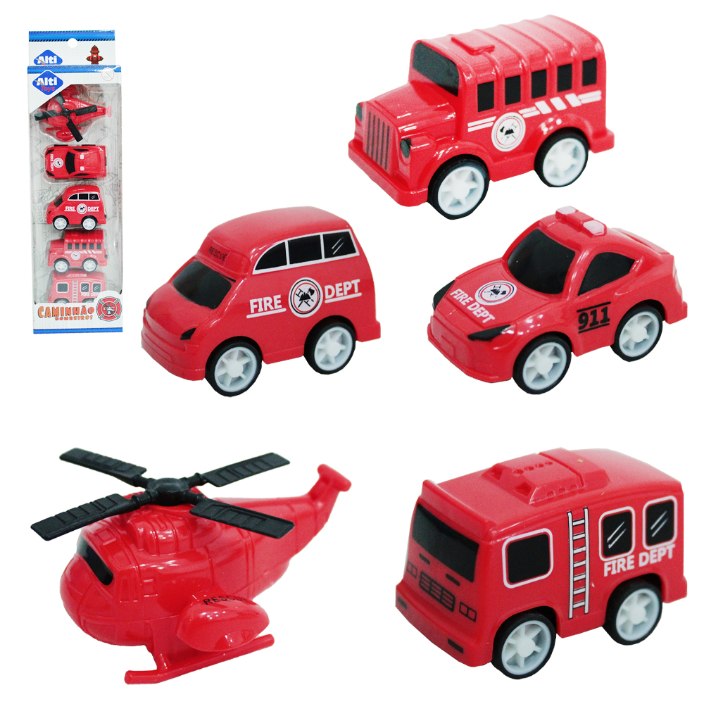 KIT VEICULO BOMBOEIRO COM CARRO + HELICOPTERO A FRICCAO PULL BACK 5 PECAS