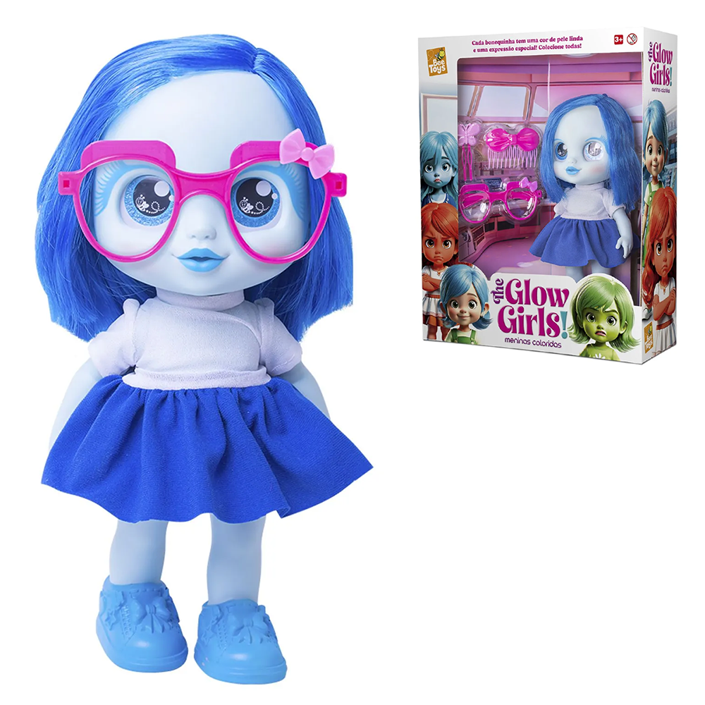 BONECA GLOW GIRLS! AZUL CELESTE COM OCULOS E 2 PRESILHAS