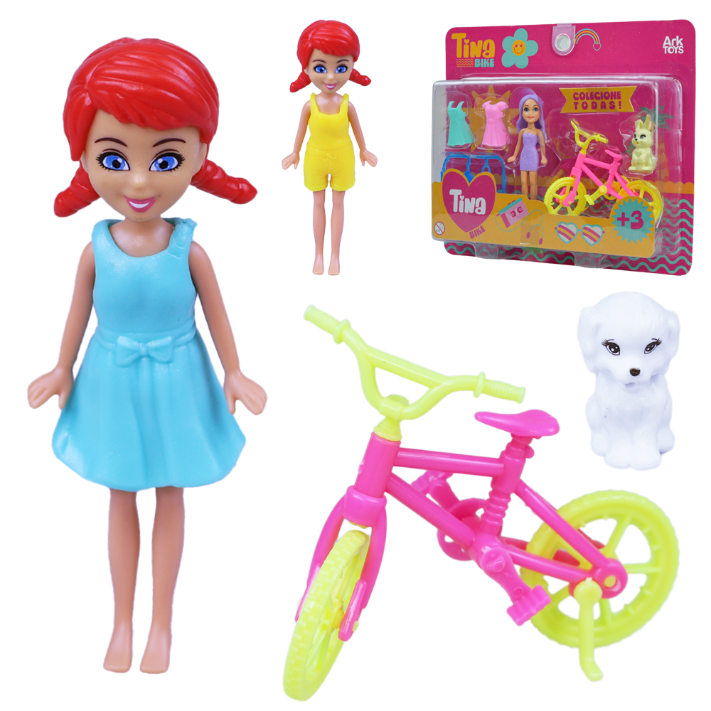 BONECA TINA BIKE TROCA ROUPA DE PLASTICO COM BICICLETA + ACESSORIOS 6 PECAS