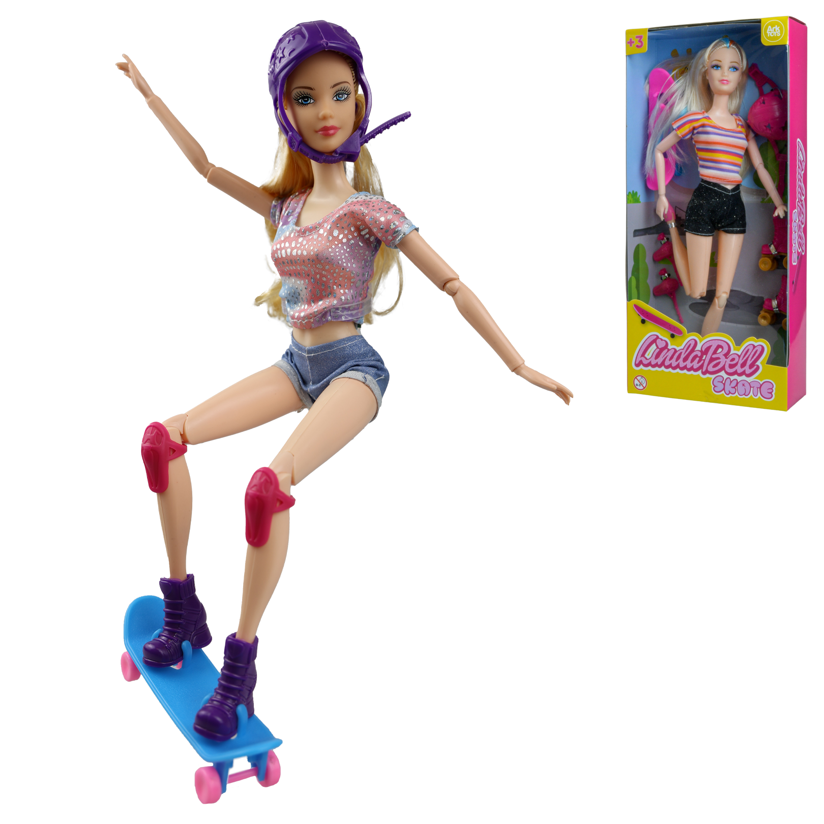 BONECA LINDA BELL ARTICULADA COM SKATE + PATINS E ACESSORIOS 7 PECAS