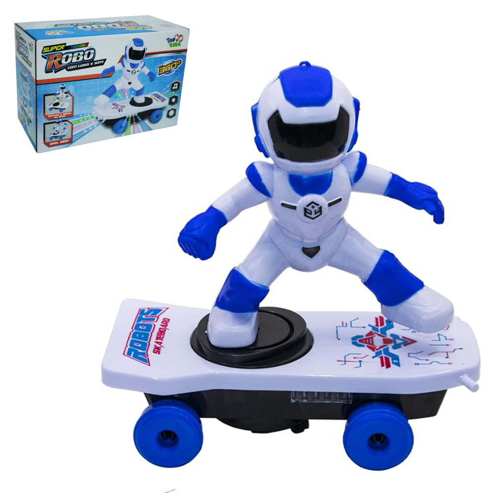 BONECO ROBO NO SKATE BATE E VOLTA COM SOM E LUZ A PILHA TOP KIDS