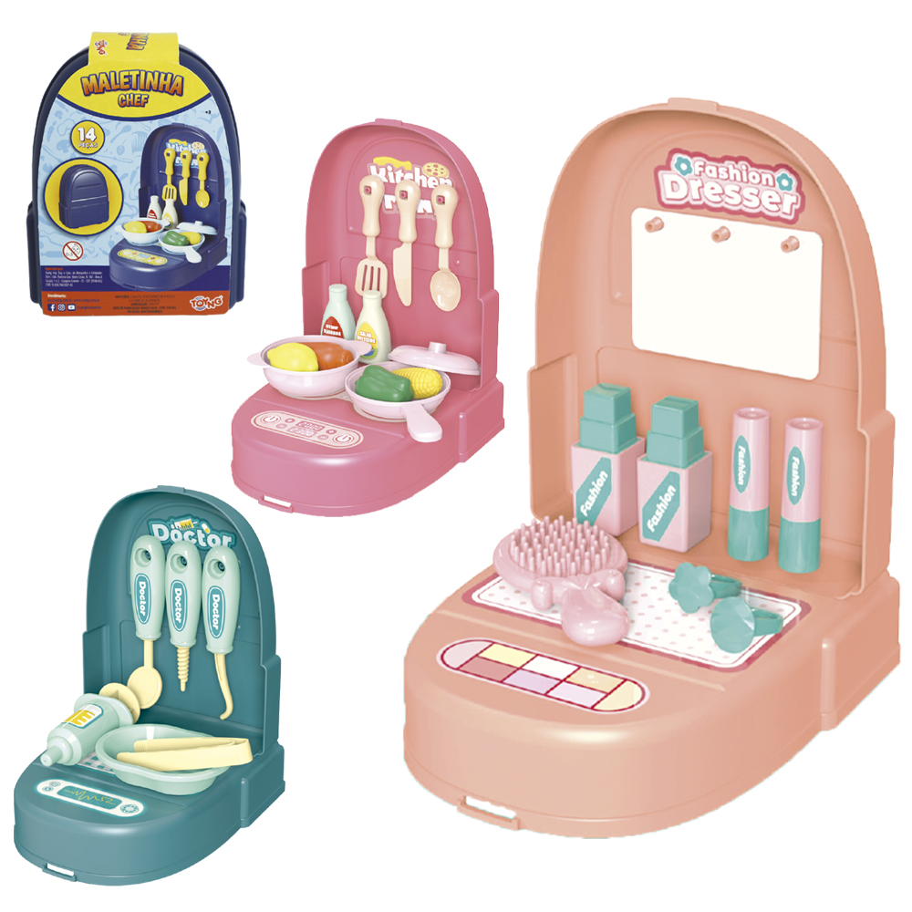 KIT MEDICO / SALAO DE BELEZA / COZINHA CHEF INFANTIL COM ACESSORIOS 8 / 9 / 14 PECAS NA MALETA