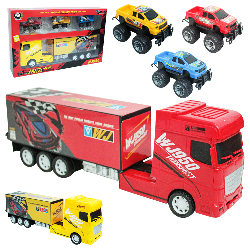 CAMINHAO CARRETA BAU A FRICCAO COM 3 CARRO PICK-UP MONSTER RODA LIVRE INERTIA TOY CAR