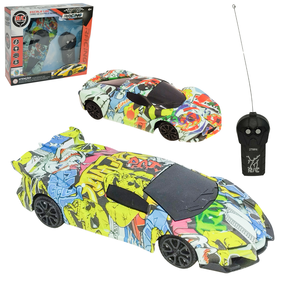 CARRO GRAFITADO COM CONTROLE REMOTO SEM FIO RACING CHAMPIONSHIP 3 FUNCOES A PILHA