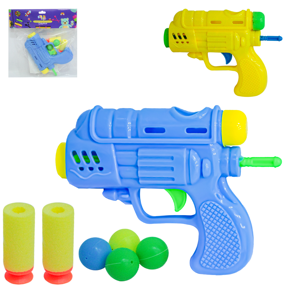 PISTOLA / REVOLVER LANCA BOLA / DARDO ESPUMA / VENTOSA COM 2 DARDOS + 4 BOLAS GIFT TOYS