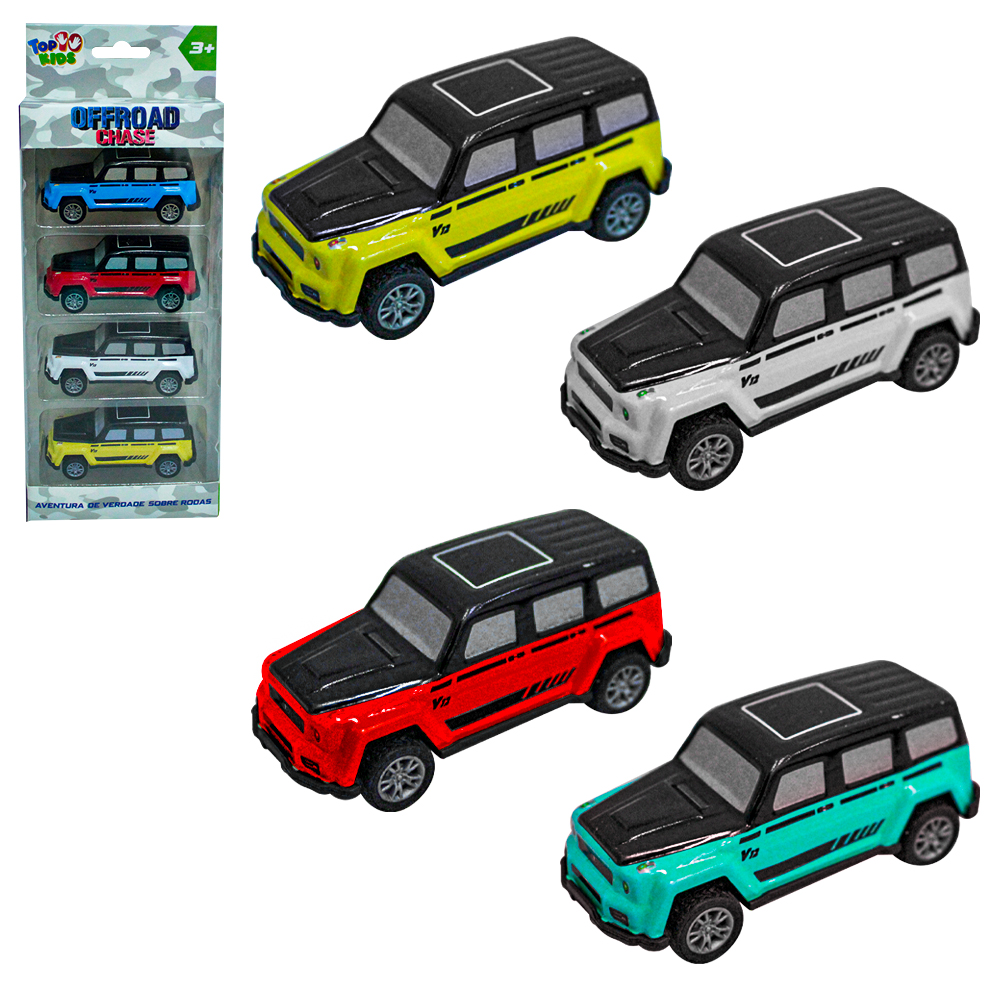 CARRO DE METAL A FRICCAO PULL BACK OFFROAD CHASE TOP KIDS COM 4 PECAS