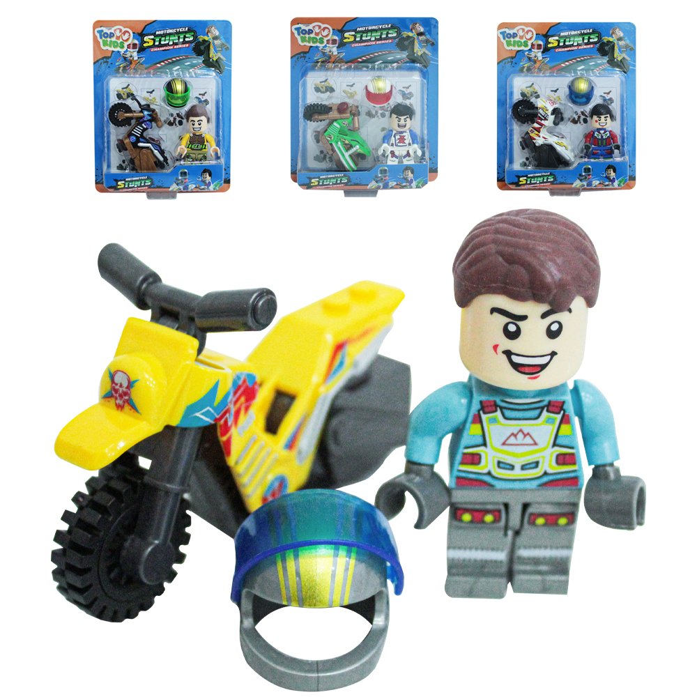 BONECO MOTORCYCLE STUNTS CHAMPION SERIES MONTA E DESMONTA COM MOTO E CAPACETE TOP KIDS 3 PECAS TLEG