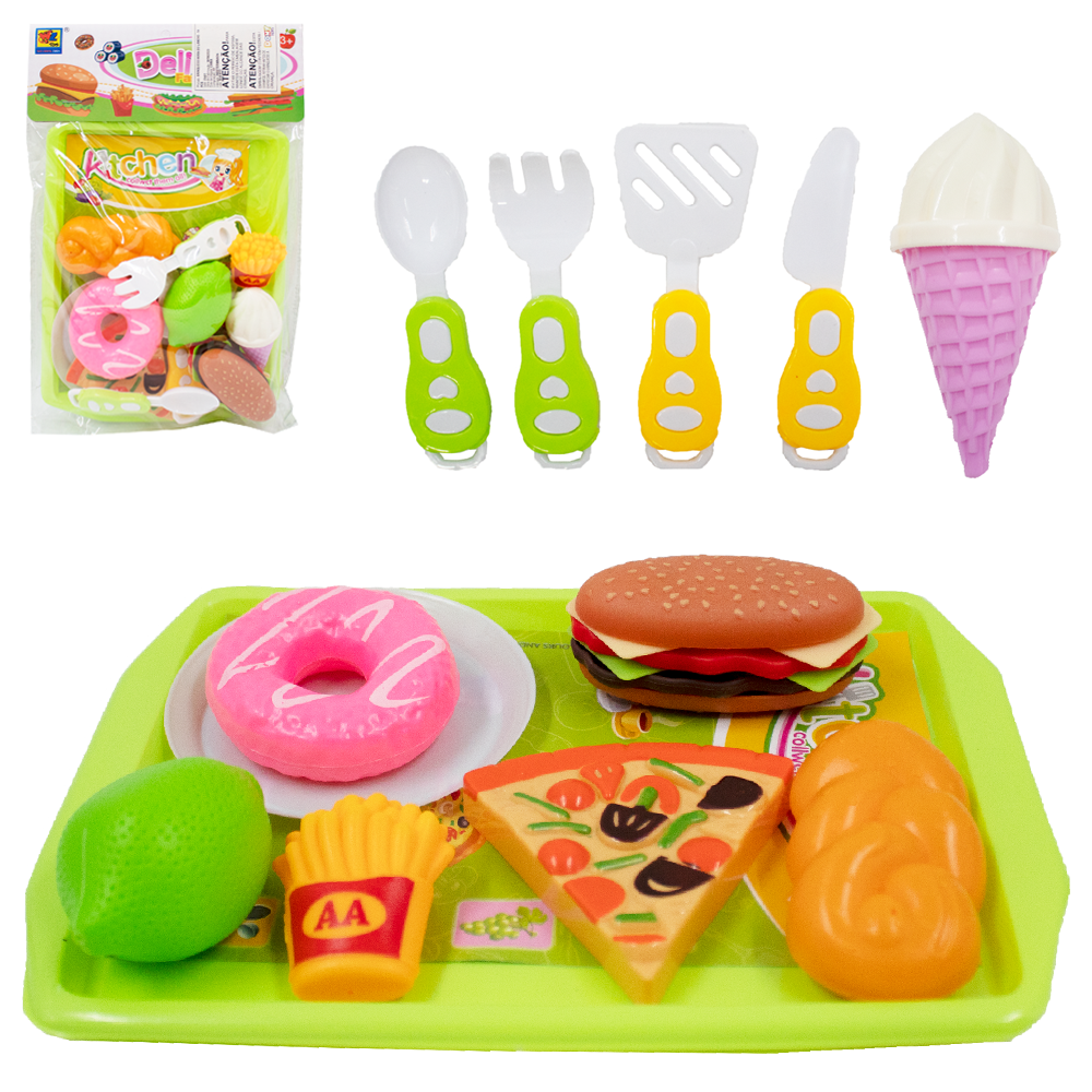 KIT COZINHA INFANTIL COM LANCHE SANDUICHE + BANDEJA E ACESSORIOS DELICIOUS FAST FOOD 14 PECAS 