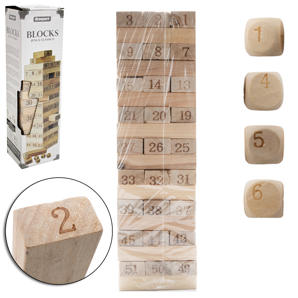 JOGO CAIU PERDEU BLOCKS JENGA CLASSICO BRASPORT DE MADEIRA COM 54 PECAS + 4 DADOS