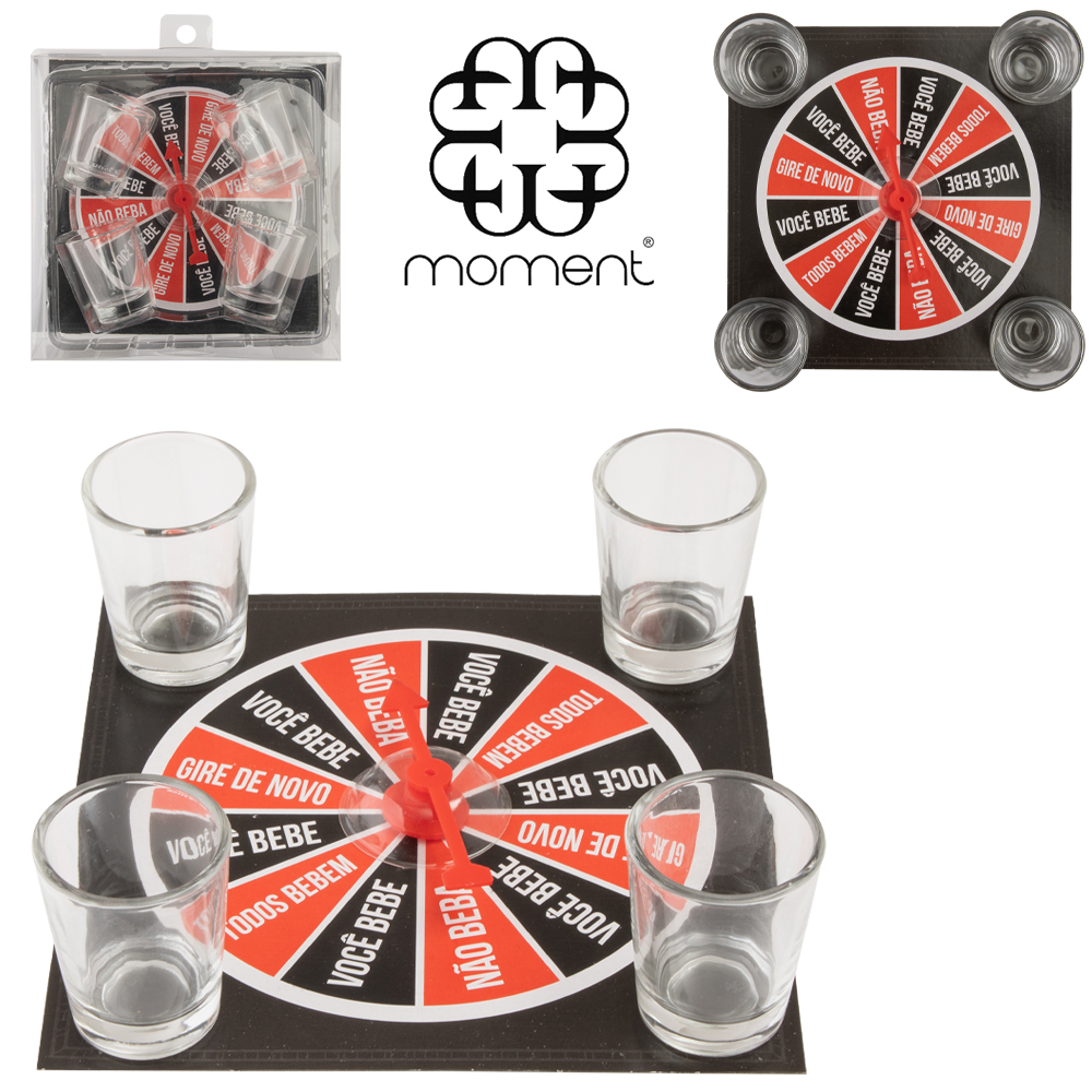 JOGO DE SHOT ROLETA / RODA VIRA-VIRA GIRATORIO COM 4 COPO DE VIDRO 25ML