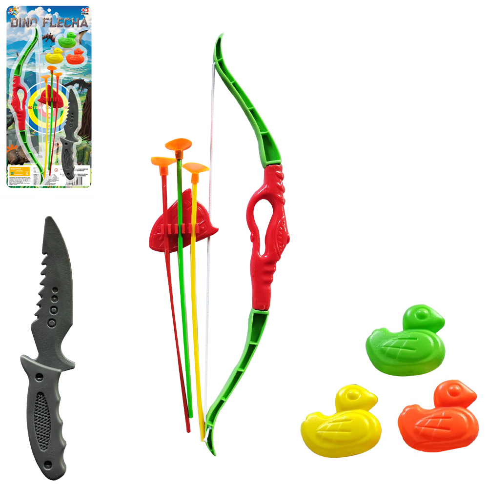 ARCO E FLECHA COM 3 VENTOSAS + SUPORTE + 3 PATOS E FACA DINO FLECHA
