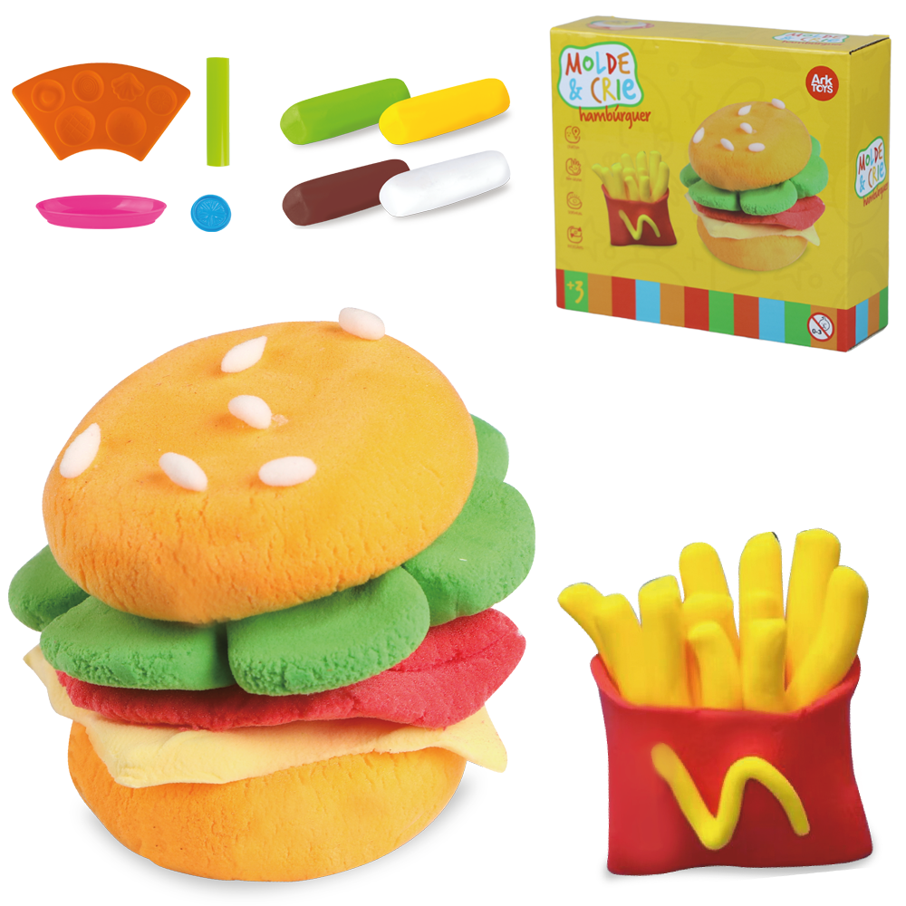 MASSINHA DE MODELAR MOLDE E CRIE HAMBURGUER COM 4 CORES 20G + ACESSORIOS 8 PECAS