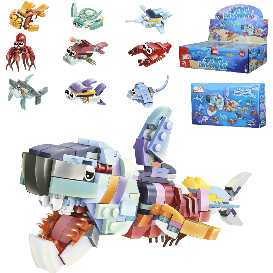 BLOCOS DE MONTAR INBLOX REINO DAS ONDAS ( 12 ANIMAIS FORMA TUBARAO ) TLEG DP PLAY