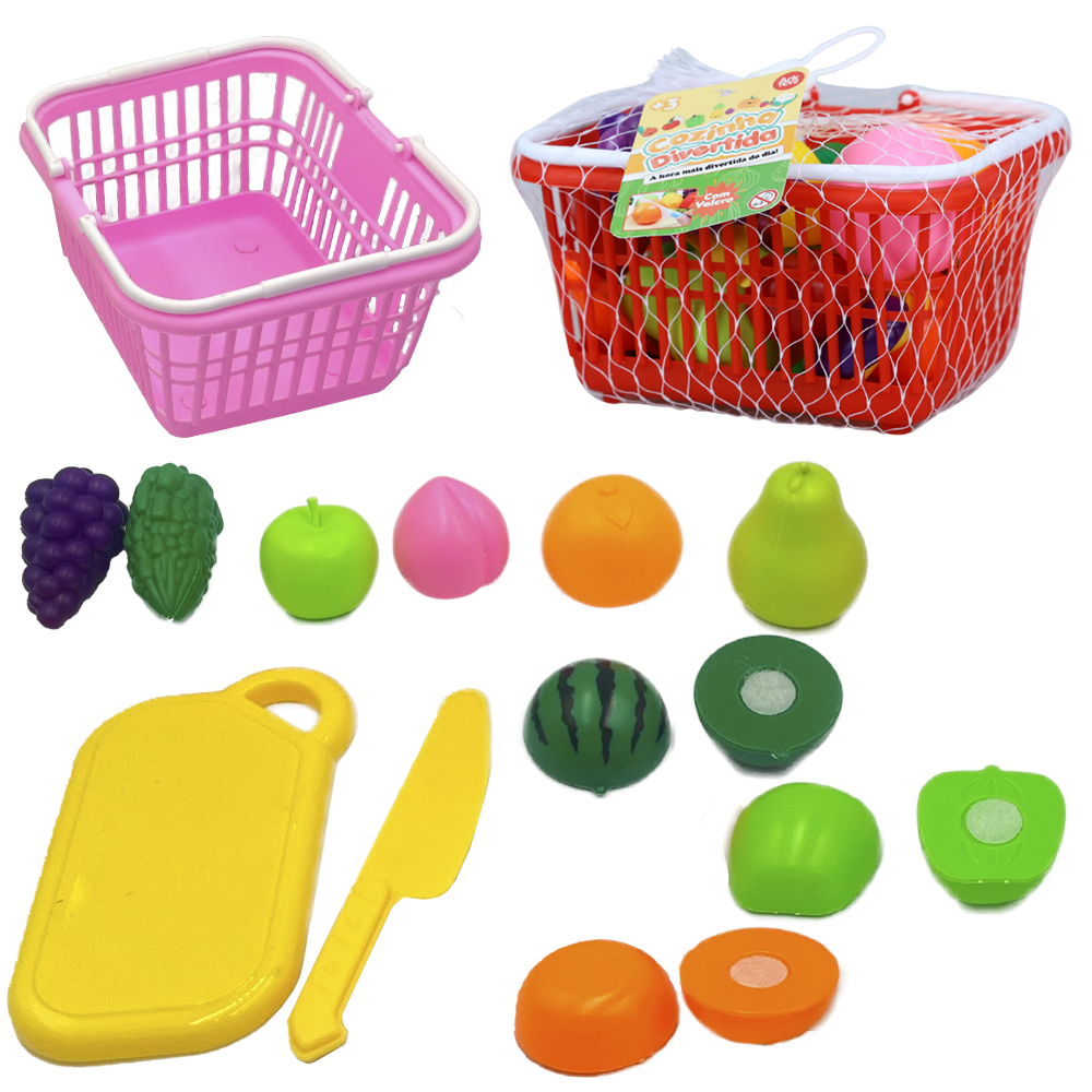 KIT COZINHA INFANTIL COM CESTA + FRUTAS / LEGUMES + ACESSORIOS COM VELCRO COZINHA DIVERTIDA 12 PECAS NA REDE