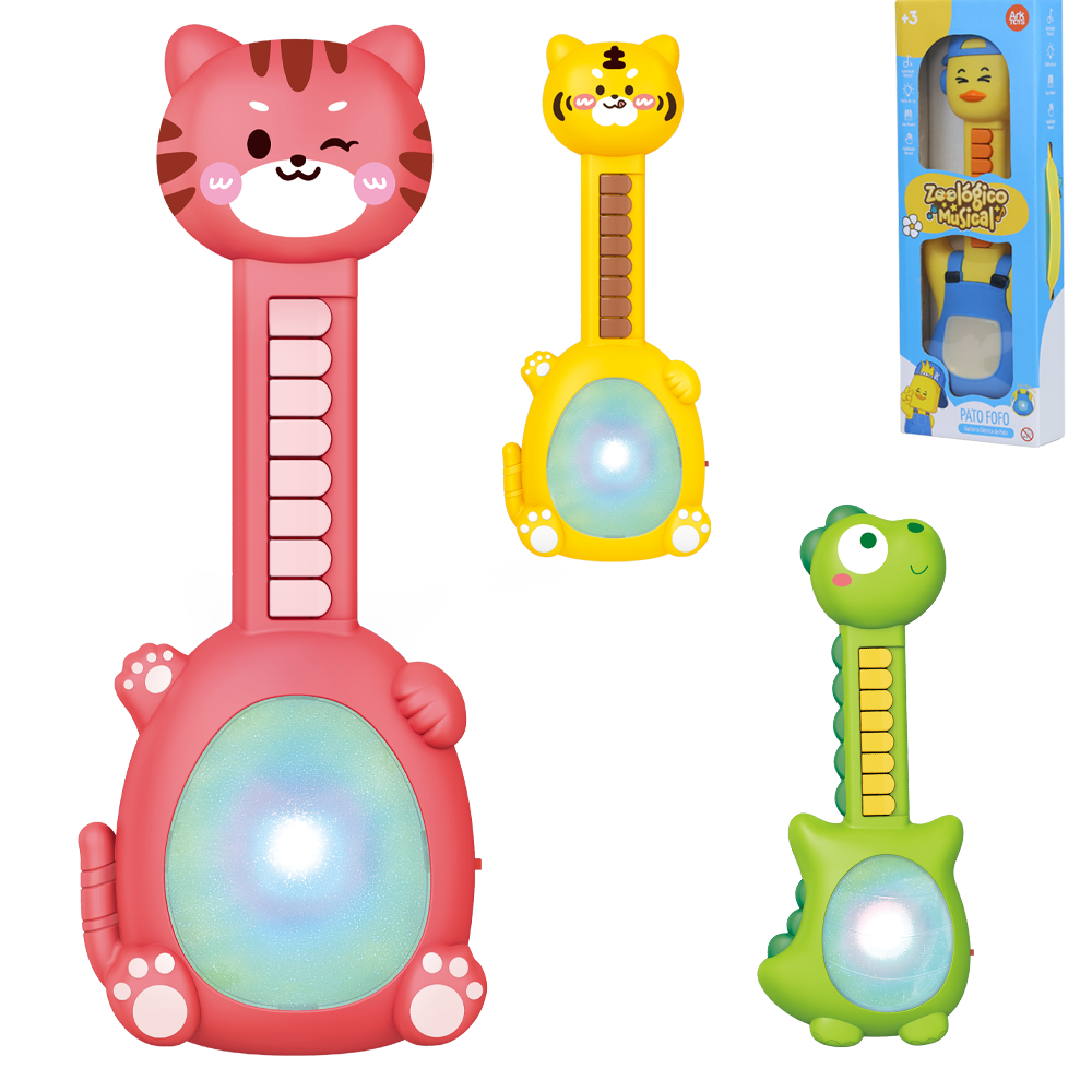 GUITARRA MUSICAL INFANTIL ZOOLOGICO GATO / PATO / TIGRE FOFO COM LUZ A PILHA