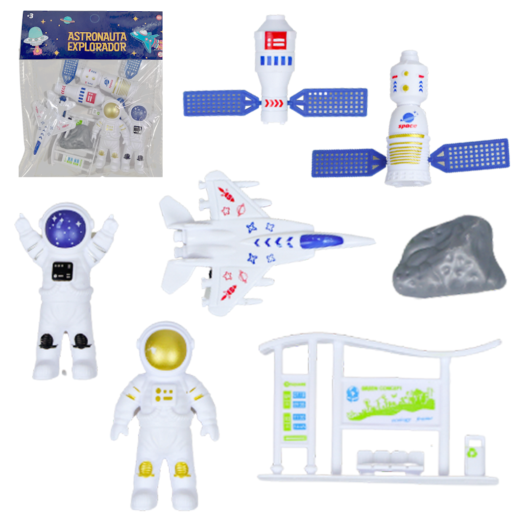 BONECO ASTRONAUTA EXPLORADOR COM AVIAO JATO RODA LIVRE + SATELITE E ACESSORIOS 7 PECAS