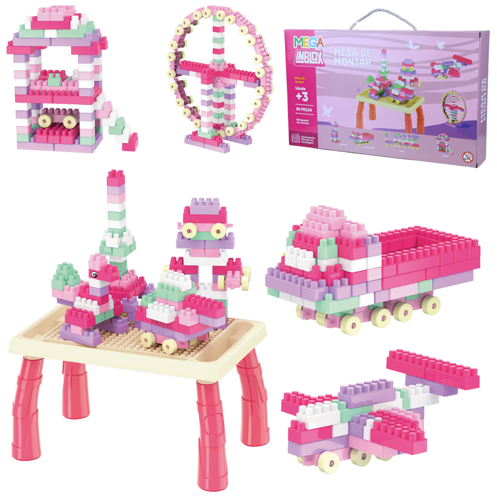 BLOCOS / MESA DE MONTAR INBLOX MEGA BLOCKS ROSA COM 80 PECAS