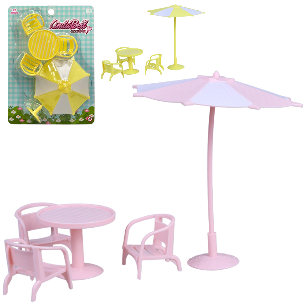 KIT MOVEIS DE VARANDA INFANTIL COM MESA + 3 CADEIRAS E GUARDA SOL LINDA BELL
