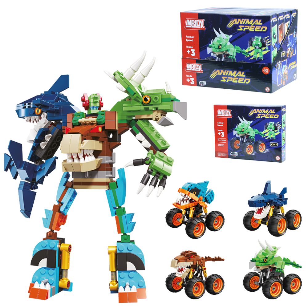 BLOCOS DE MONTAR INBLOX VEICULO OU ANIMAL SPEED OU 2 EM 1 (4 MODELOS FORMA MEGA ROBO) TLEG DP PLAY
