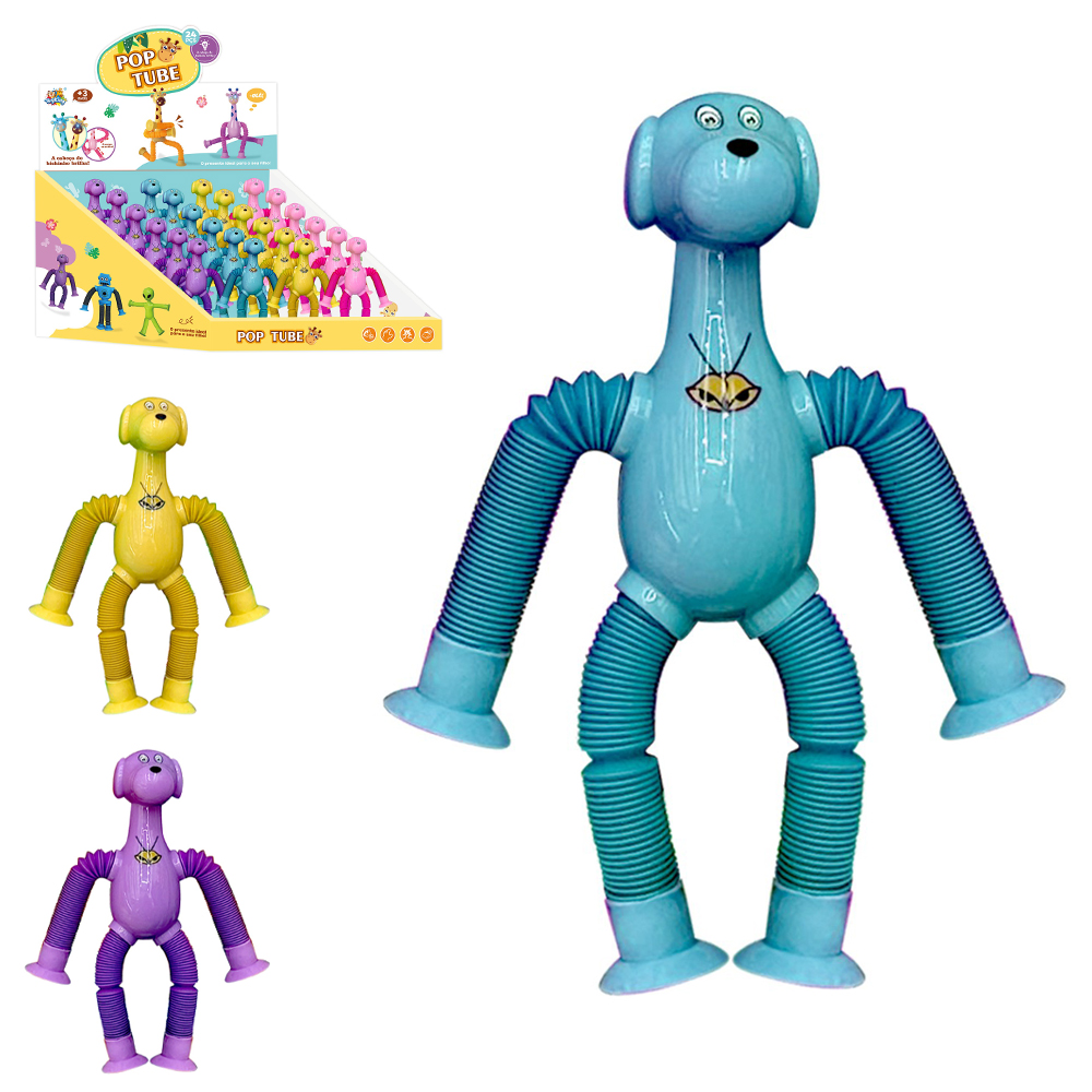 CACHORRO POP TUBE BRACOS / PERNAS ESTICA E VOLTA COM MOLA + VENTOSA E LUZ A BATERIA DP PLAY
