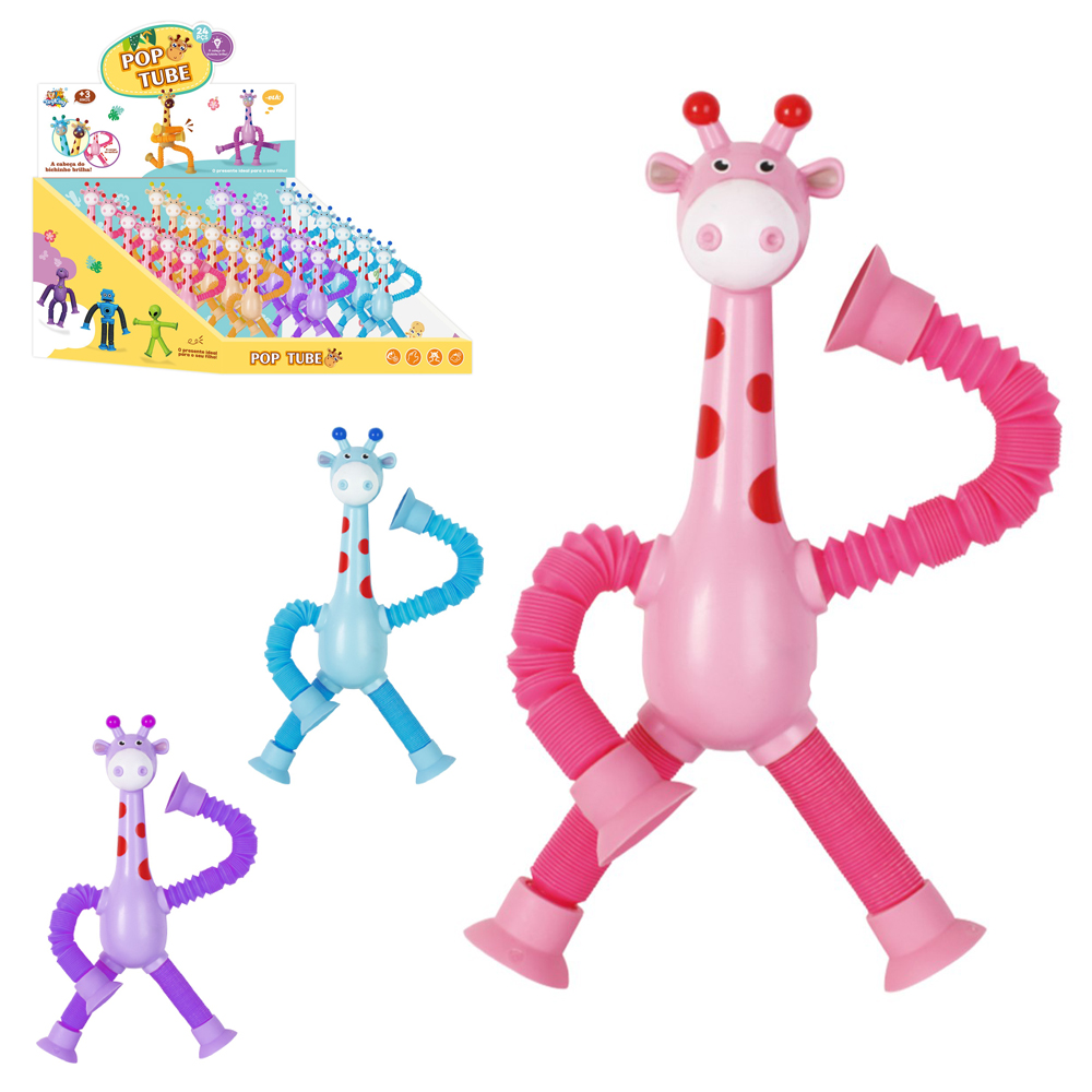 GIRAFA POP TUBE BRACOS / PERNAS ESTICA E VOLTA COM MOLA + VENTOSA E LUZ A BATERIA DP PLAY