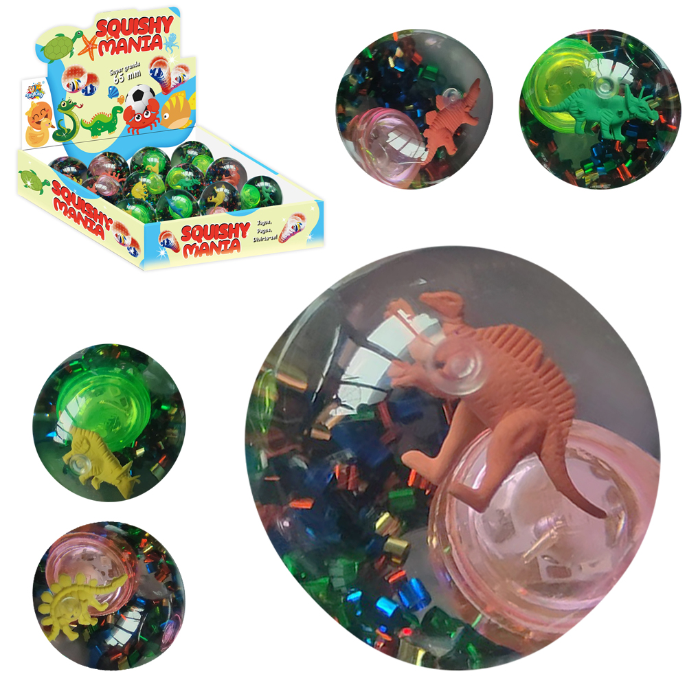 BOLA / BOLINHA PULA PULA COM DINOSSAURO + LUZ SQUISHY MANIA A BATERIA 6,5CM DE Ø DP PLAY
