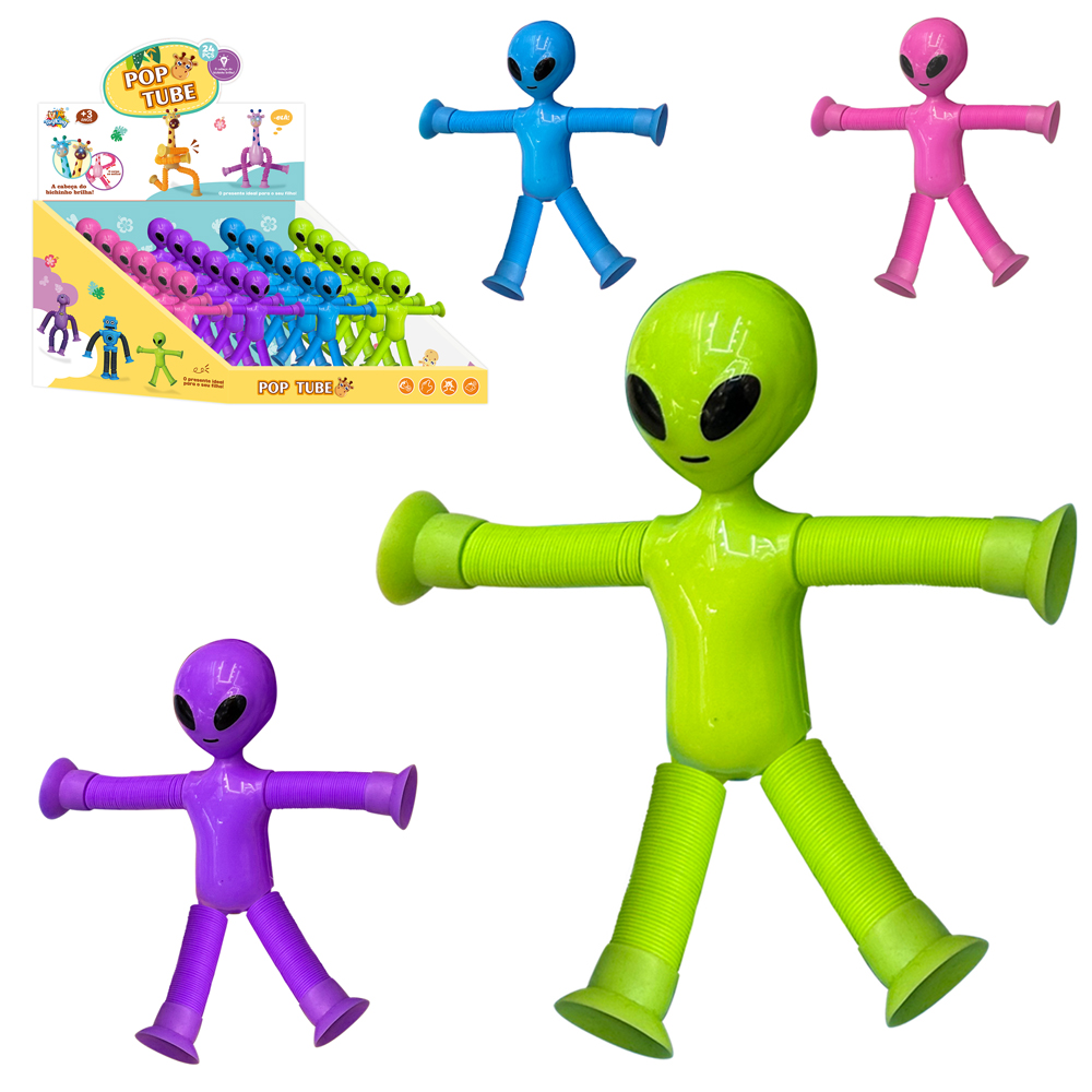 BONECO ET BILU POP TUBE BRACOS / PERNAS ESTICA E VOLTA COM MOLA + VENTOSA E LUZ A BATERIA DP PLAY