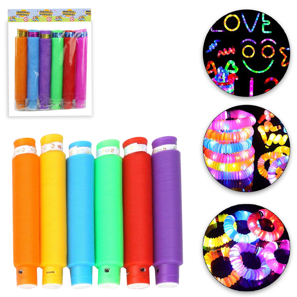 BRINQUEDO TUBO SENSORIAL ESTICA E VOLTA COM MOLA + MICRO LED A BATERIA COM 6 PECAS