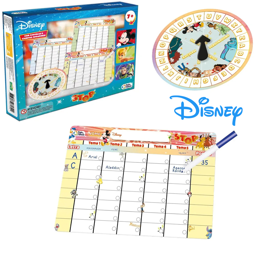 JOGO STOP DISNEY COM ROLETA + CARTELAS + 4 CANETAS E 4 APAGADORES