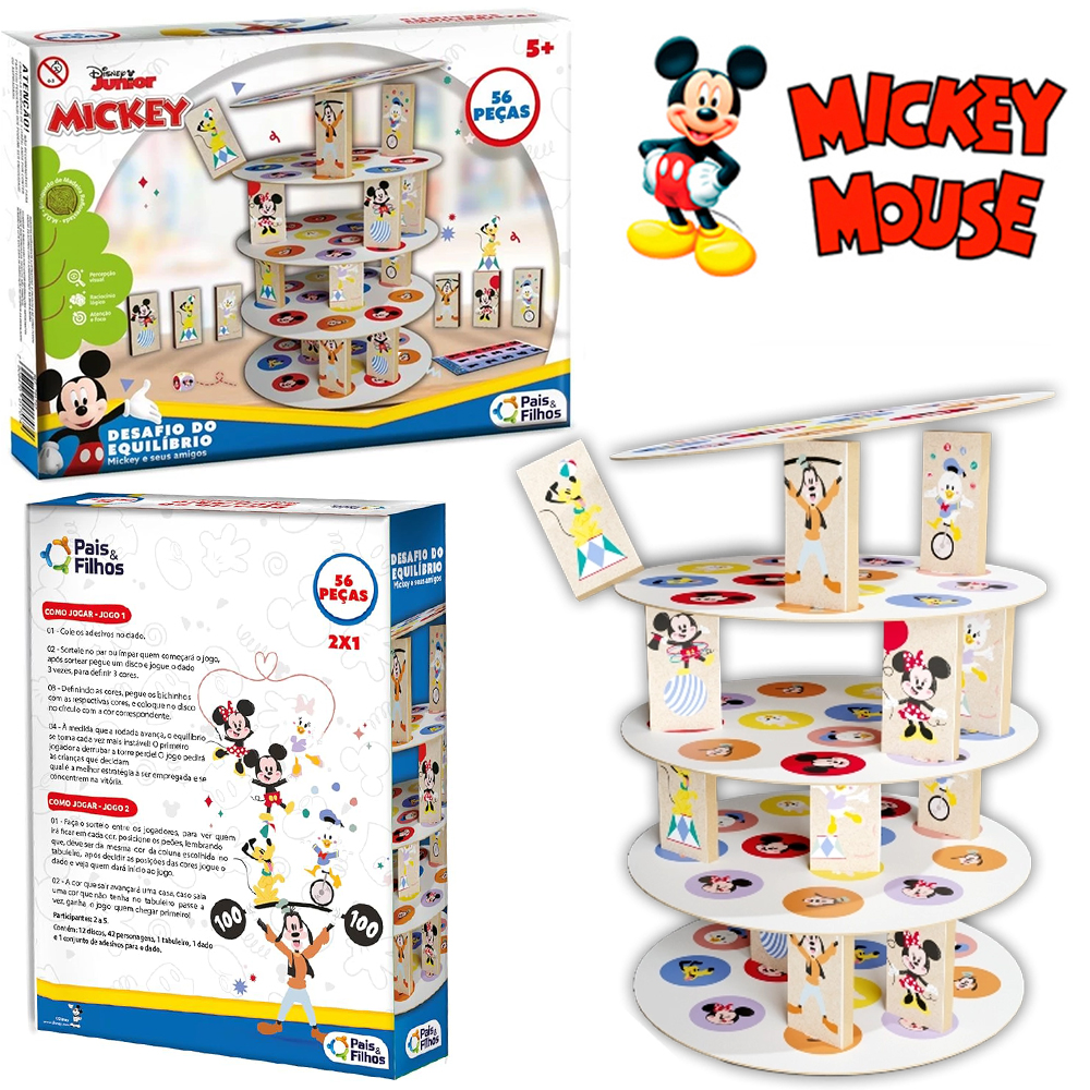 MICKEY JOGO DESAFIO DO EQUILIBRIO DE MADEIRA MDF COM 56 PECAS