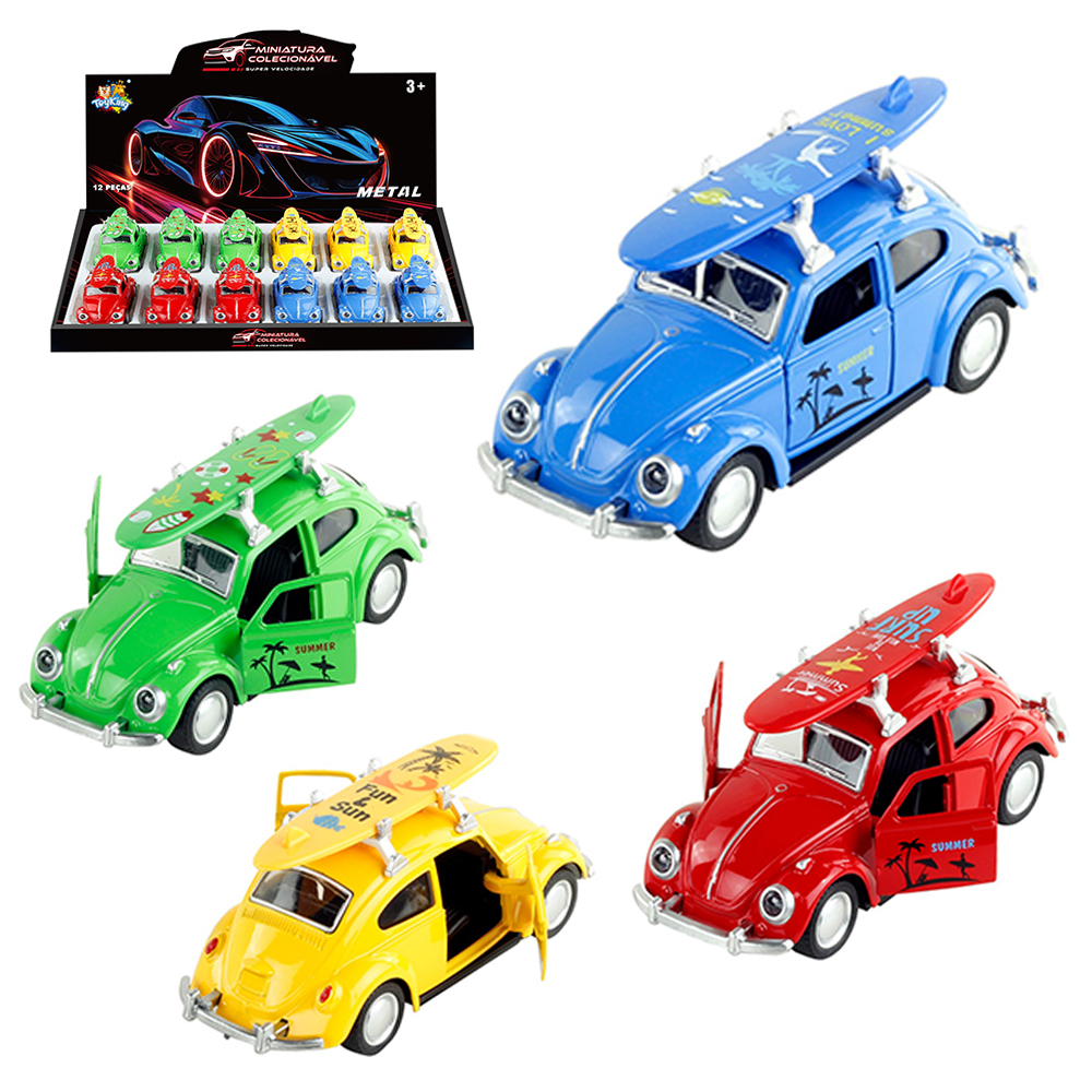CARRO FUSCA COM PRANCHA SURF DE METAL A FRICCAO PULL BACK MINIATURA COLECIONAVEL DP PLAY