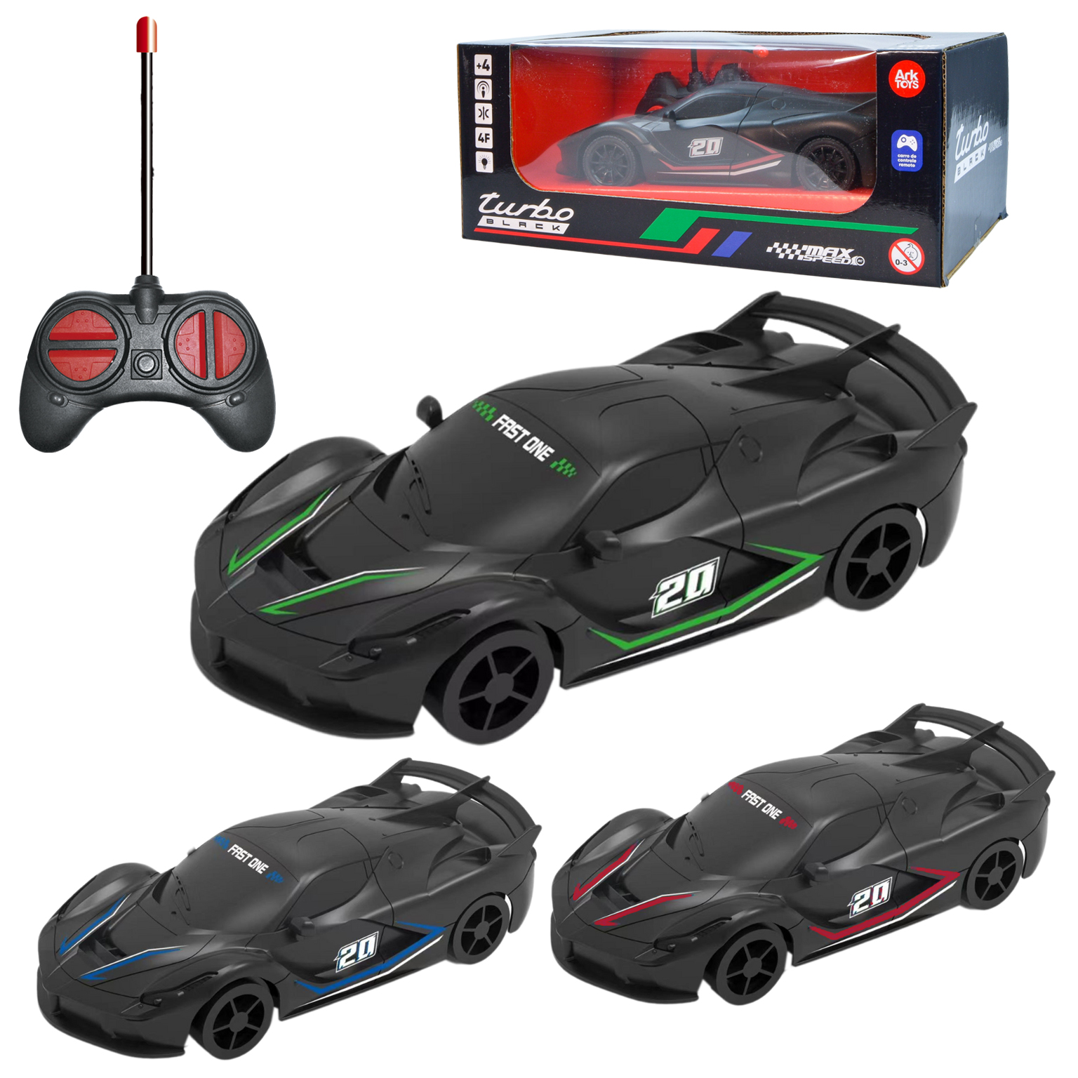 CARRO COM CONTROLE REMOTO SEM FIO MAX SPEED TURBO BLACK 7 FUNCOES A PILHA