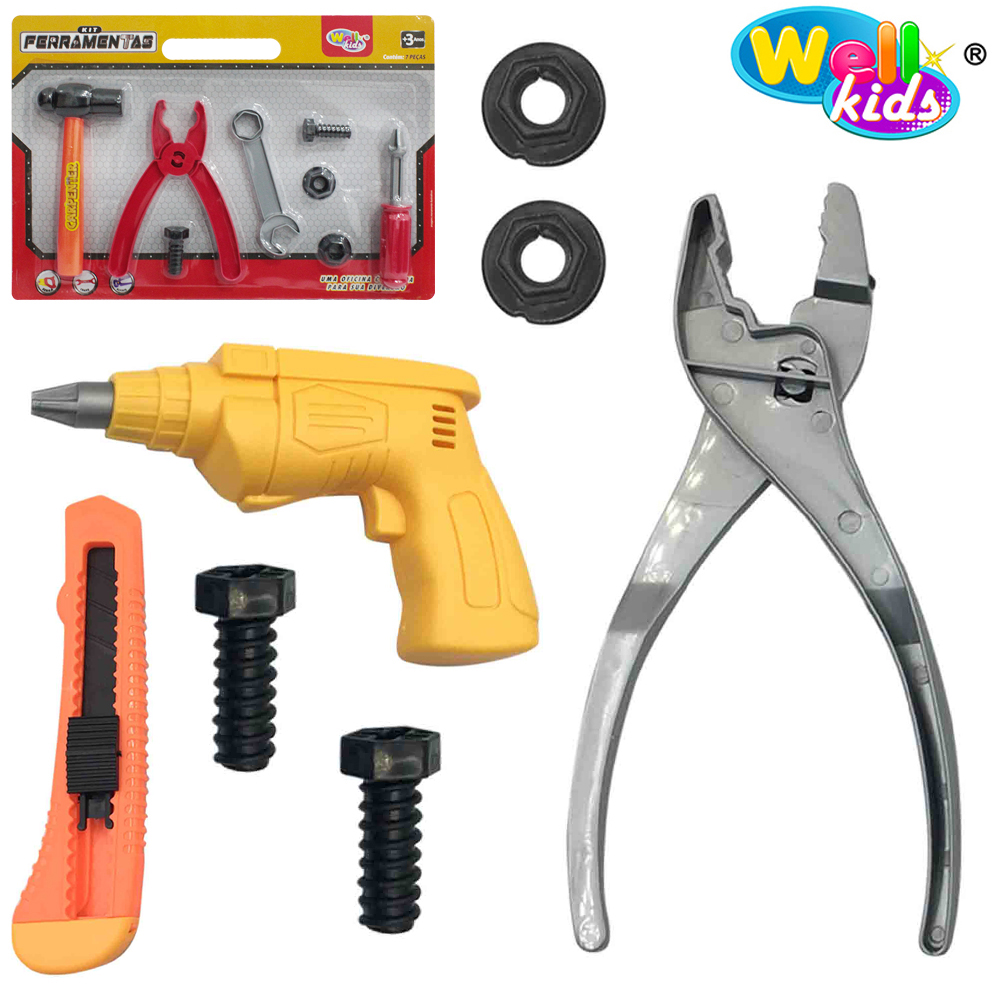 KIT FERRAMENTA INFANTIL COM MARTELO + ALICATE E ACESSORIOS 8 PECAS WELLKIDS