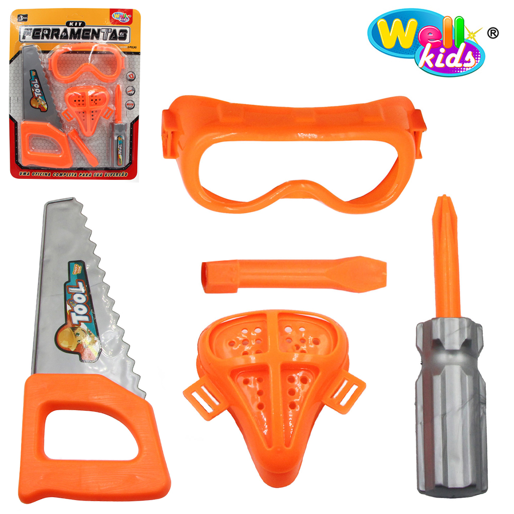 KIT FERRAMENTA INFANTIL COM SERROTE + OCULOS E ACESSORIOS 5 PECAS WELLKIDS