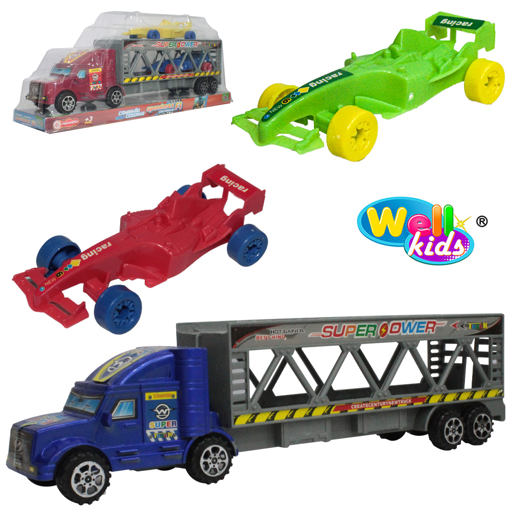 CAMINHAO CEGONHEIRA A FRICCAO COM 2 CARRO FORMULA 1 POSSANTES RODA LIVRE WELLKIDS