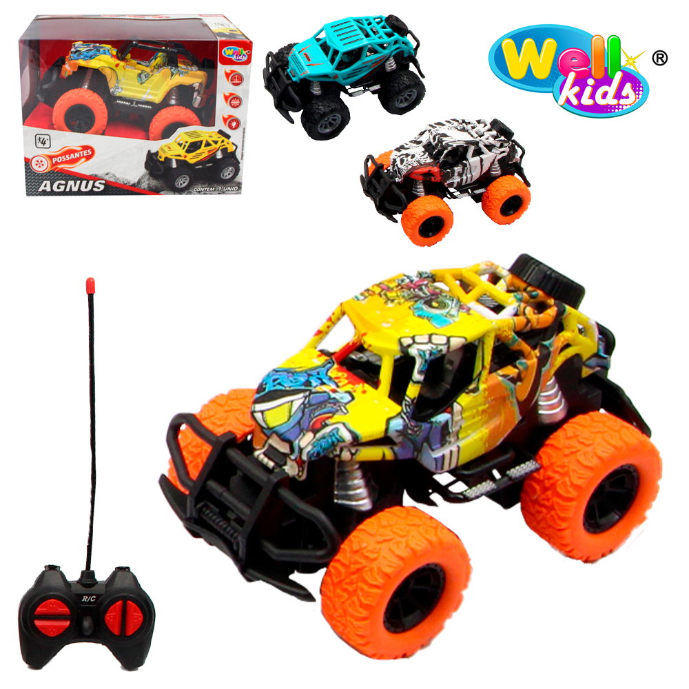 CARRO GRAFITADO COM CONTROLE REMOTO SEM FIO AGNUS POSSANTES 7 FUNCOES COM LUZ A PILHA WELLKIDS