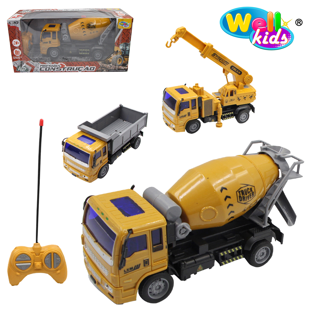 CAMINHAO CONSTRUCAO COM CONTROLE REMOTO SEM FIO MACHINE 7 FUNCOES COM LUZ A PILHA WELLKIDS