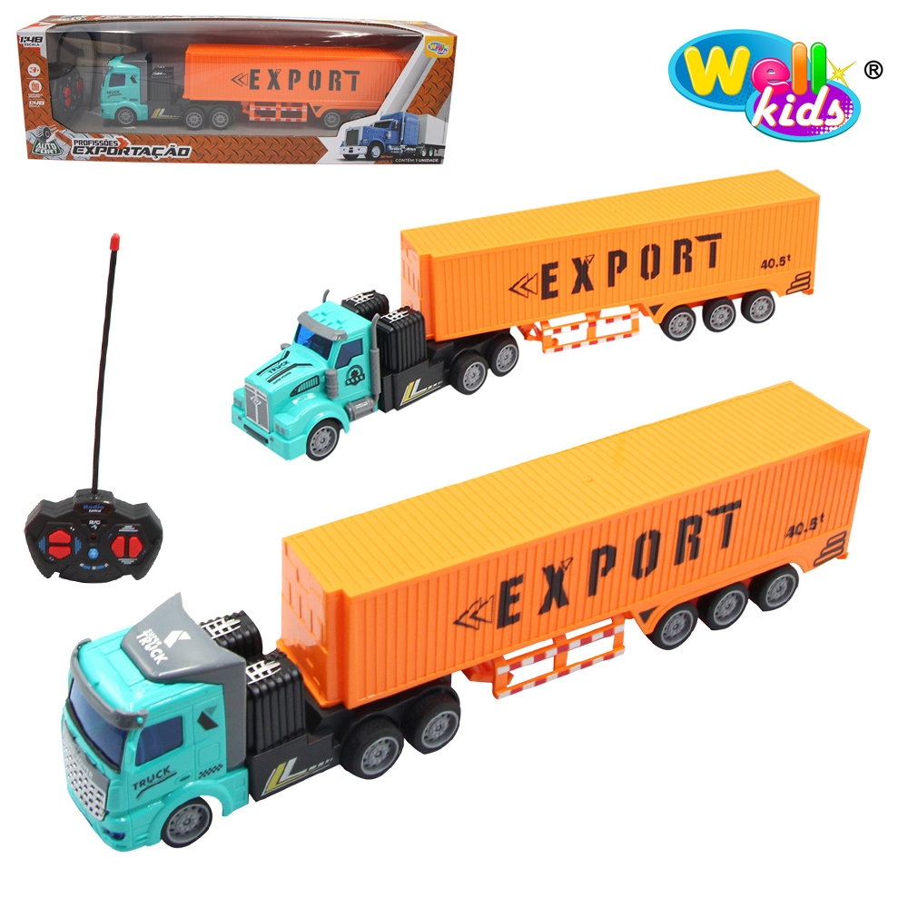 CAMINHAO BAU COM CONTROLE REMOTO SEM FIO EXPORT POSSANTES 7 FUNCOES COM LUZ A BATERIA RECARREGAVEL WELLKIDS