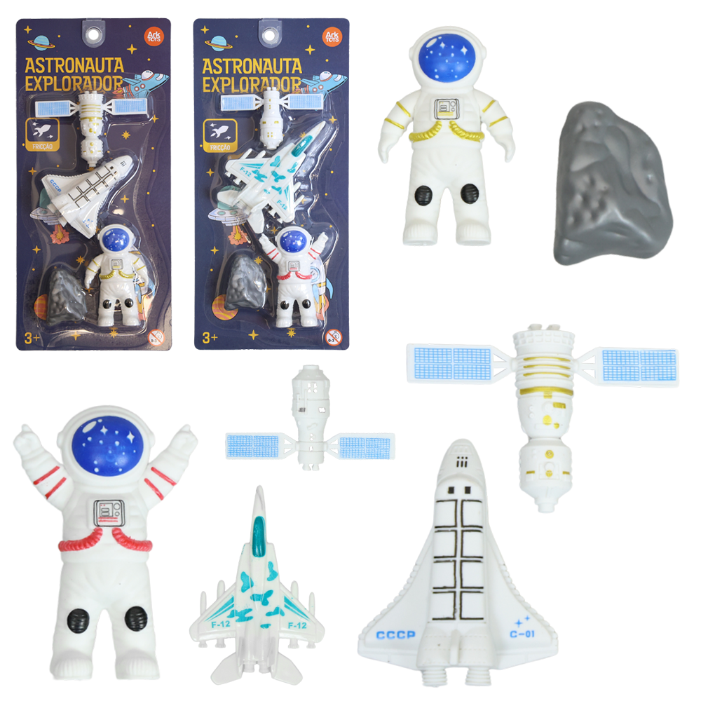 BONECO ASTRONAUTA EXPLORADOR COM AVIAO JATO A FRICCAO PULL BACK + SATELITE E PEDRA