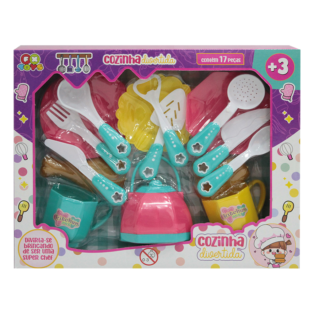 KIT COZINHA INFANTIL COZINHA DIVERTIDA COM CHALEIRA / XICARAS / PRATOS E ACESSORIOS 17 PECAS