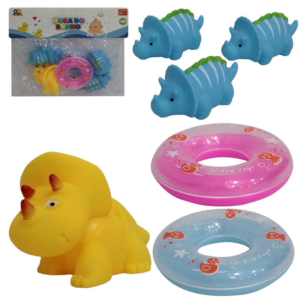 KIT ANIMAL DINOSSAUROS COM 2 MINI BOIAS DE VINIL COM SOM HORA DO BANHO 6 PECAS