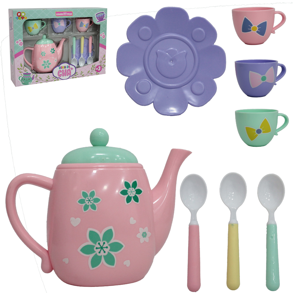 KIT COZINHA INFANTIL HORA DO CHA COM BULE / XICARAS E ACESSORIOS 9 PECAS