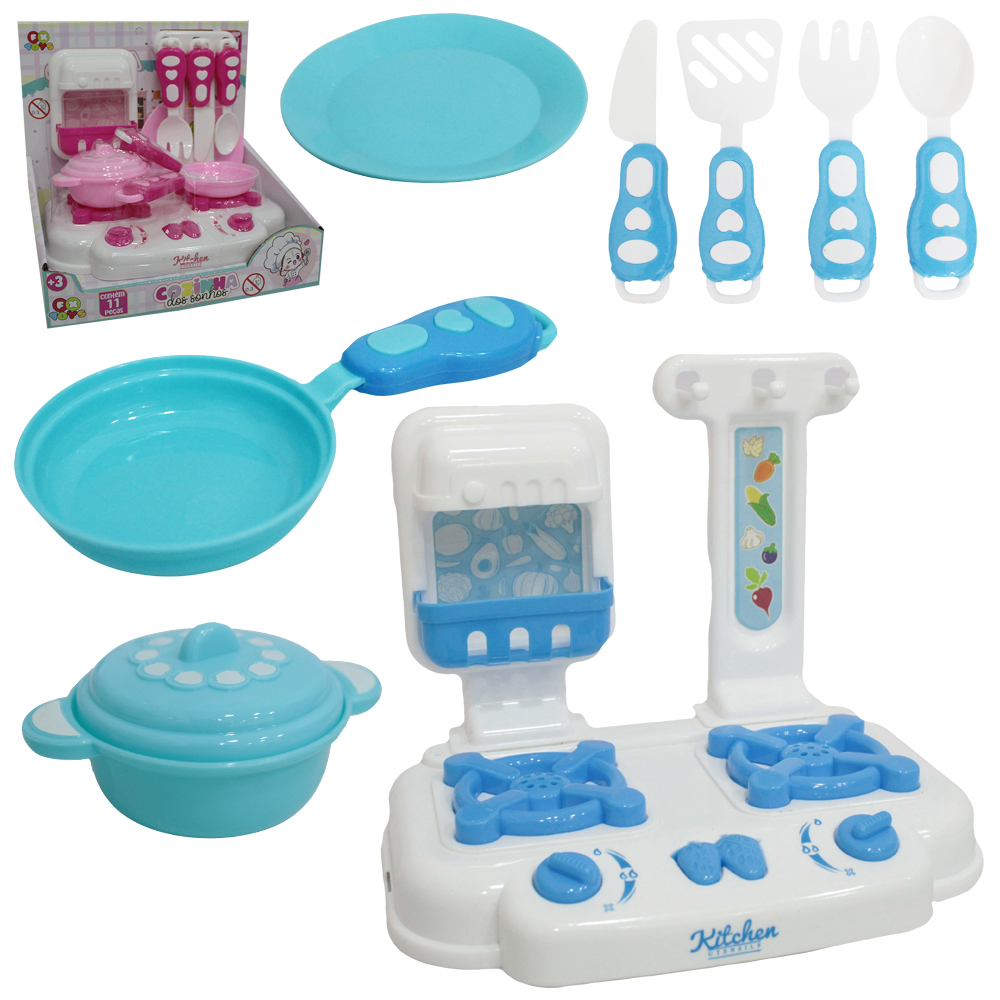 KIT COZINHA INFANTIL COZINHA DOS SONHOS COM FOGAO / PANELAS / PRATOS E ACESSORIOS 11 PECAS