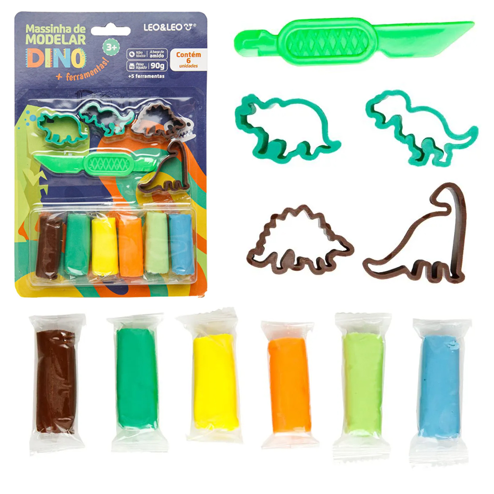 MASSINHA DE MODELAR DINO COM 6 CORES 90GR + 4 MOLDES E FACA