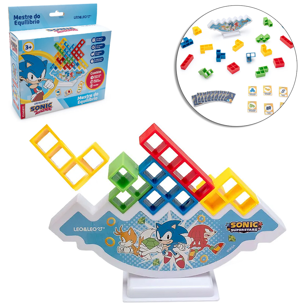 JOGO TORRE TETRIS MESTRE DO EQUILIBRIO SONIC THE HEDGEHOG COM 22 CARTAS + 16 BLOCOS + BASE E SUPORTE