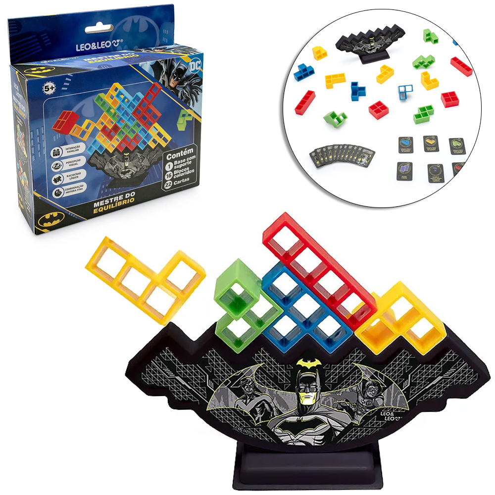 JOGO TORRE TETRIS MESTRE DO EQUILIBRIO BATMAN COM 22 CARTAS + 16 BLOCOS + BASE E SUPORTE