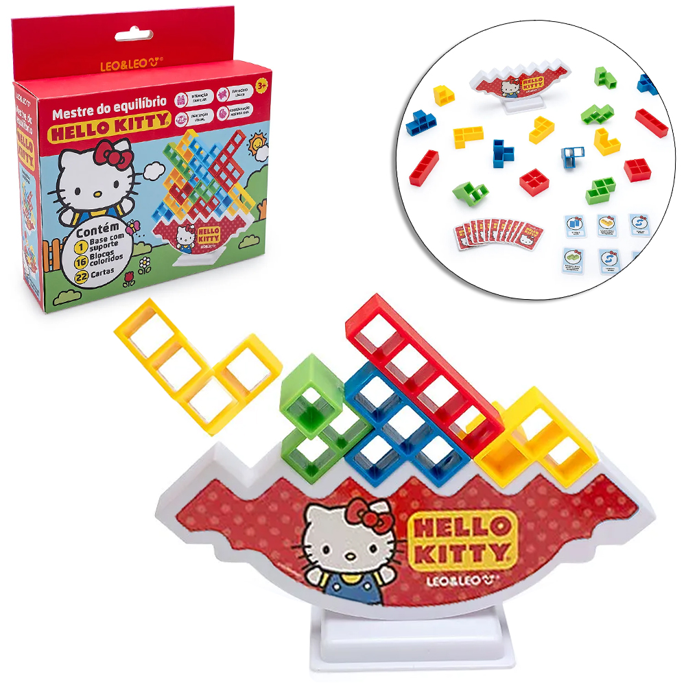 JOGO TORRE TETRIS MESTRE DO EQUILIBRIO HELLO KITTY COM 22 CARTAS + 16 BLOCOS + BASE E SUPORTE